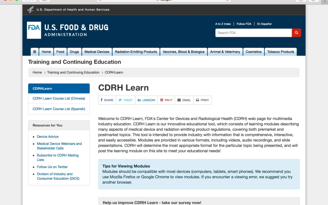 Learn about Medical Device Regulations at the CDRH Learn Web Page