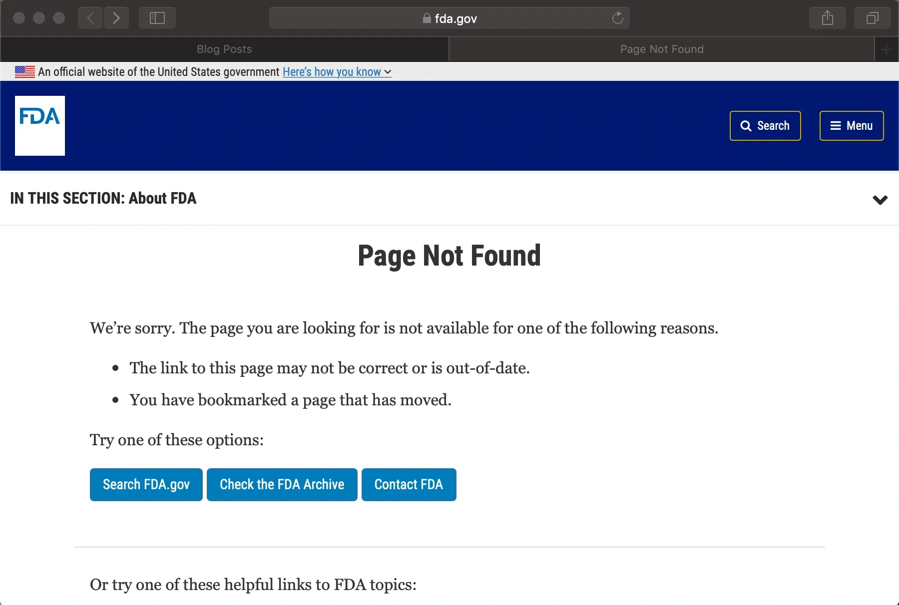 New Page Not Found page on FDA web site New Page Not Found page on FDA web site