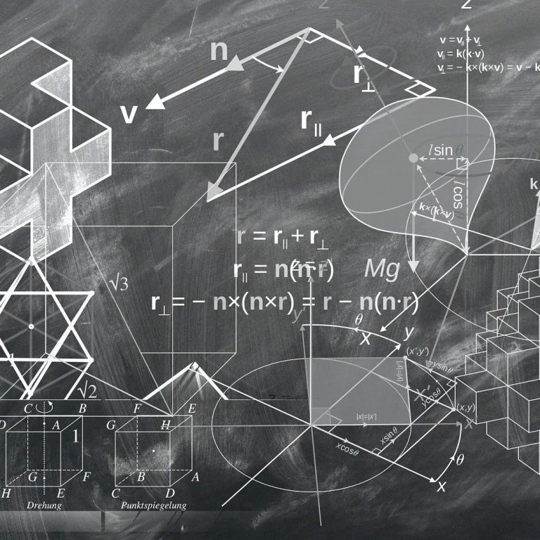 chalkboard with various geometry visualizations and algebra problems written on it